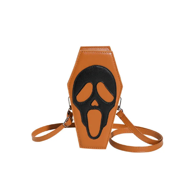 Halloween coffin-shaped shoulder bag in PU with spider web pattern, crossbody strap, compact size 12x22x9cm