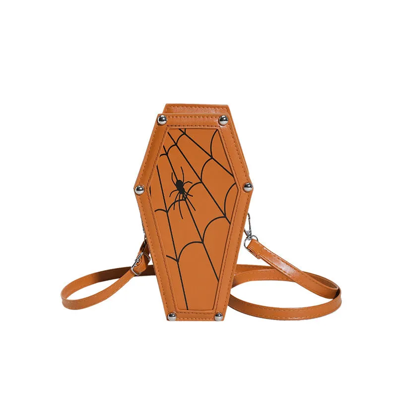 Halloween coffin-shaped shoulder bag in PU with spider web pattern, crossbody strap, compact size 12x22x9cm