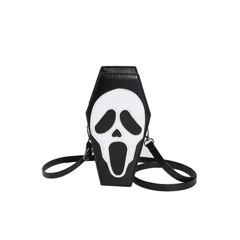 Halloween coffin-shaped shoulder bag in PU with spider web pattern, crossbody strap, compact size 12x22x9cm