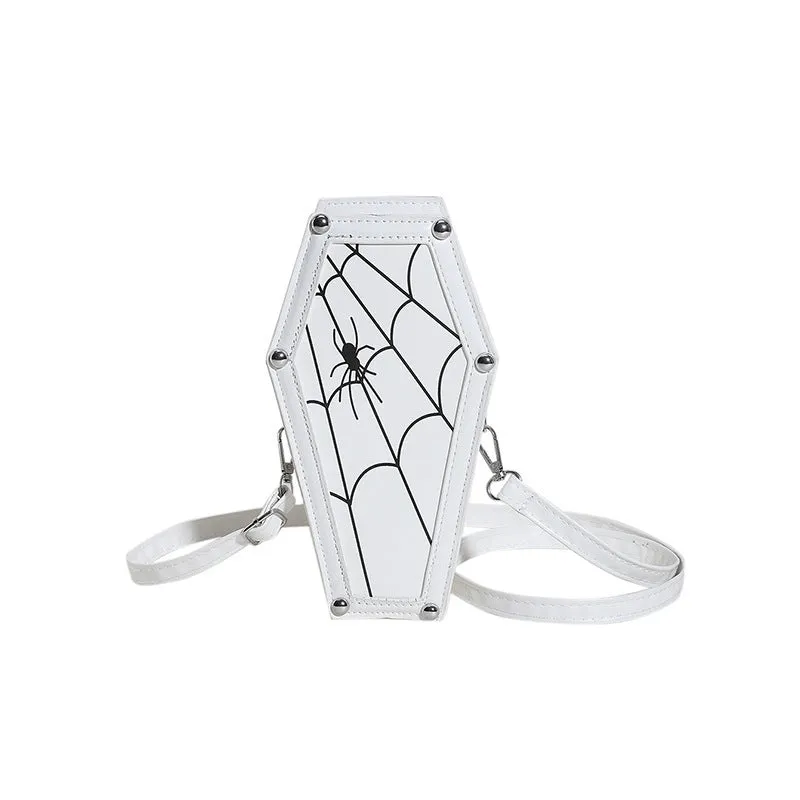 Halloween coffin-shaped shoulder bag in PU with spider web pattern, crossbody strap, compact size 12x22x9cm