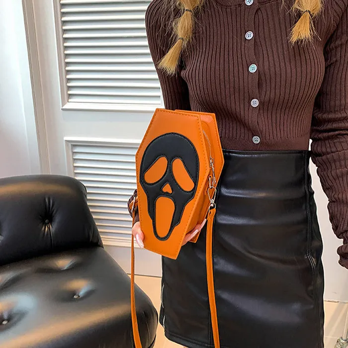 Halloween coffin-shaped shoulder bag in PU with spider web pattern, crossbody strap, compact size 12x22x9cm