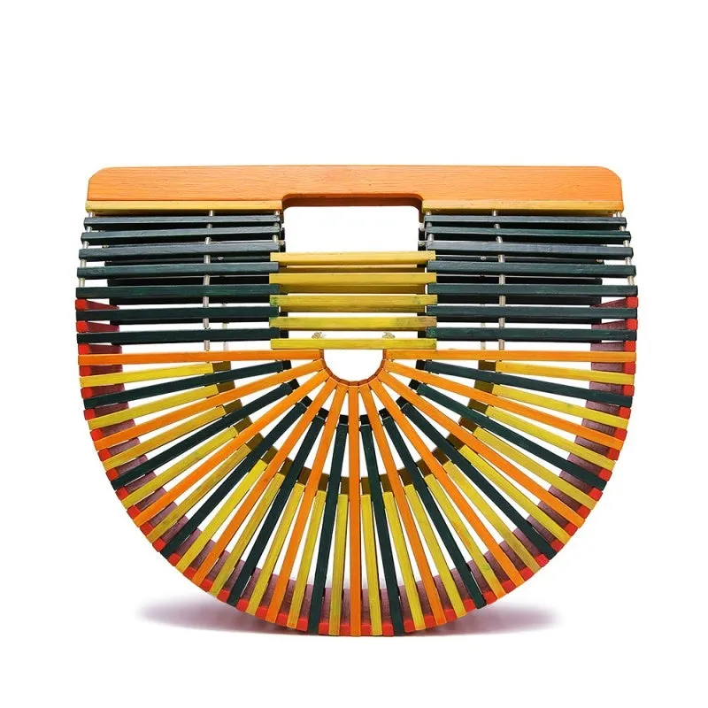 Bamboo clamshell beach backpack in polished natural fibre, available in black pink white yellow four sizes