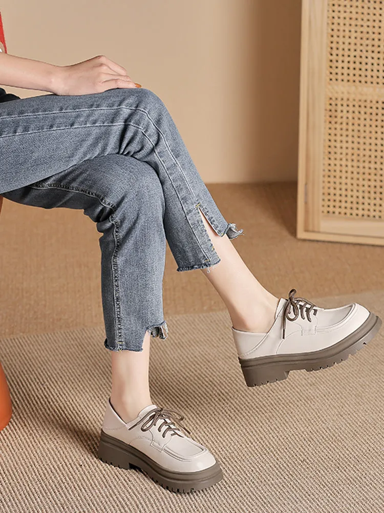 Deep cut thick heel lace-up shoes for women in apricot colour with 5cm heel and superfine fibre upper