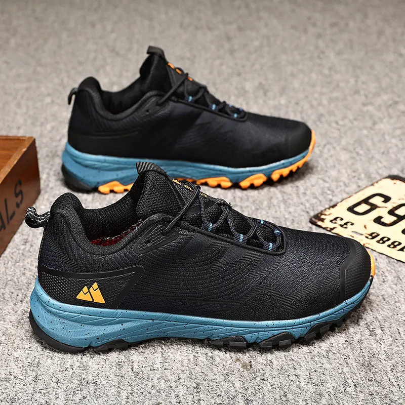 Men's black outdoor hiking shoes with rugged outsole for off-road trails, plus size fit