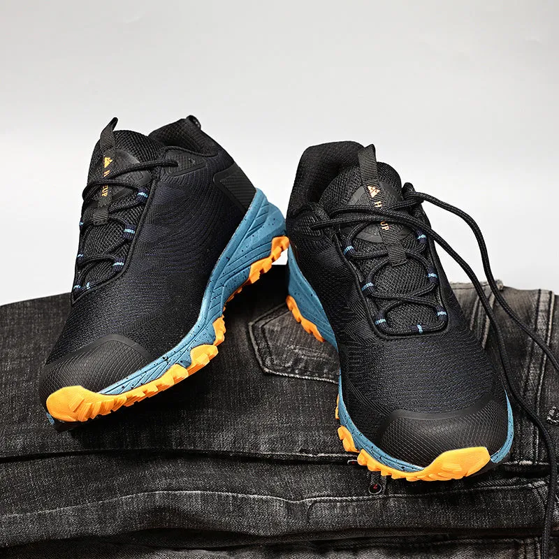 Men's black outdoor hiking shoes with rugged outsole for off-road trails, plus size fit