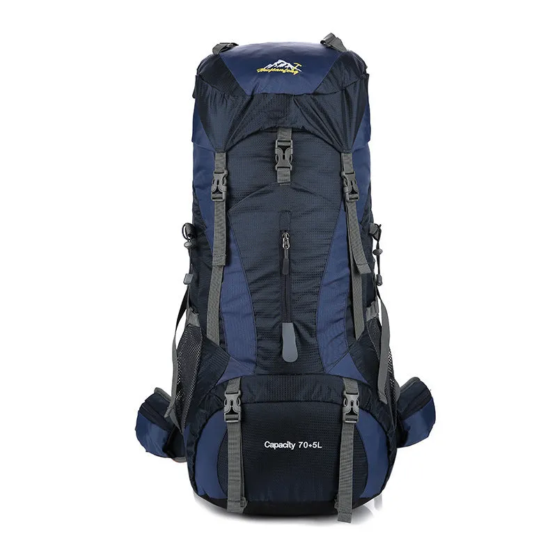 Large capacity unisex mountaineering backpack with multiple pockets and pull strap buckle in black