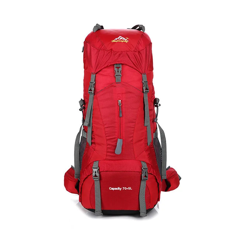 Large capacity unisex mountaineering backpack with multiple pockets and pull strap buckle in black