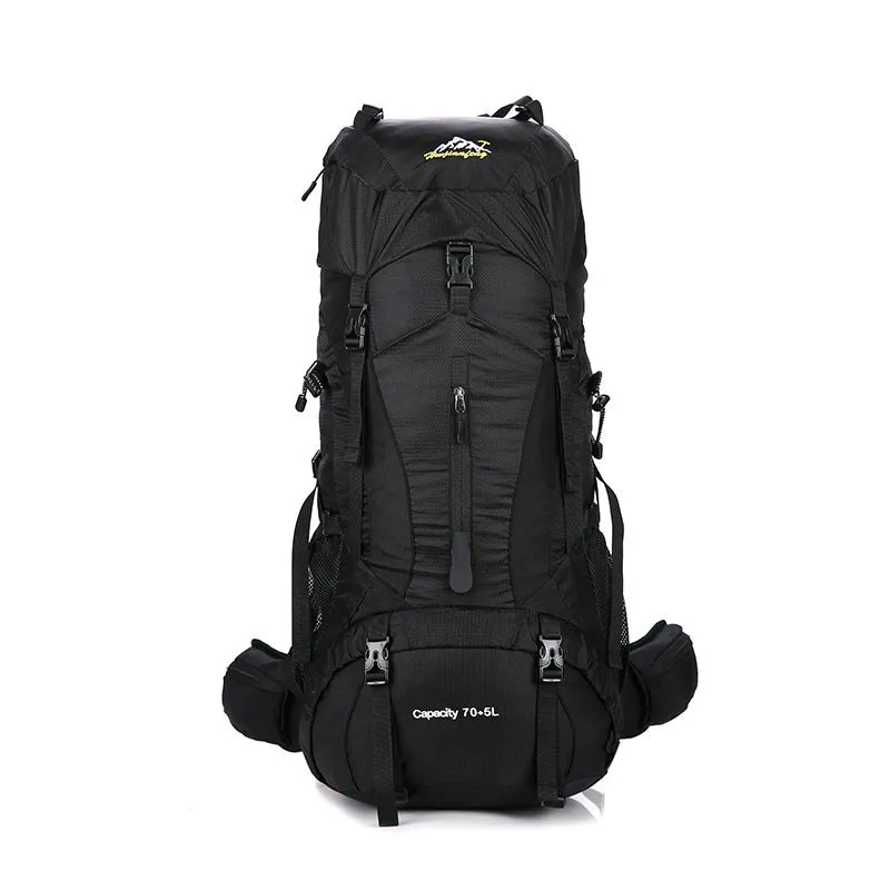 Large capacity unisex mountaineering backpack with multiple pockets and pull strap buckle in black