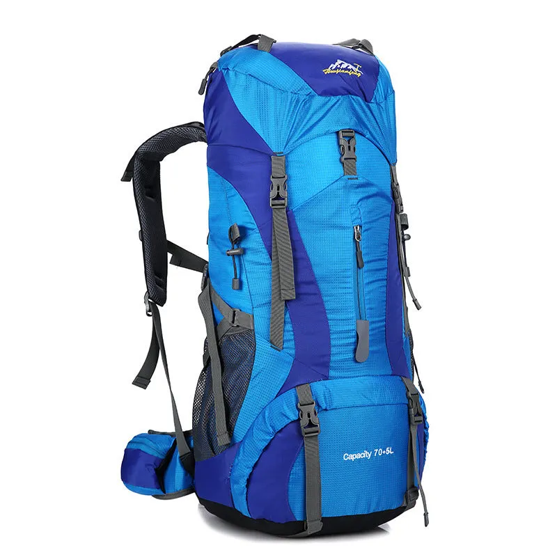Large capacity unisex mountaineering backpack with multiple pockets and pull strap buckle in black