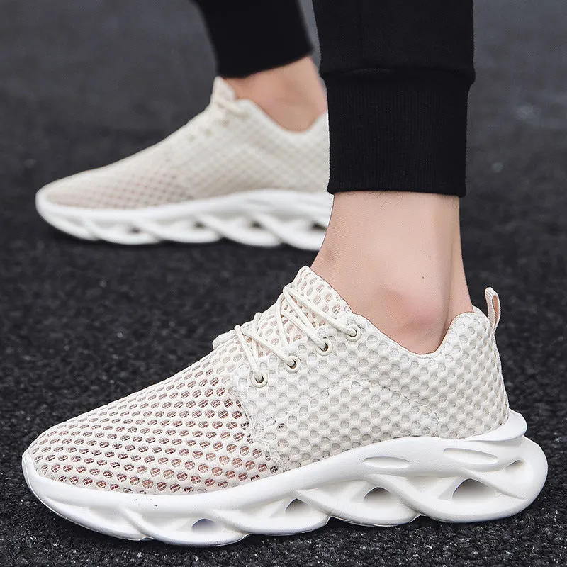 Men's hollow mesh breathable casual sneakers in beige, showing side view with lace-up closure and rubber sole.