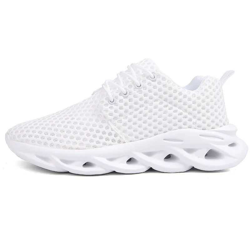 Men's hollow mesh breathable casual sneakers in beige, showing side view with lace-up closure and rubber sole.