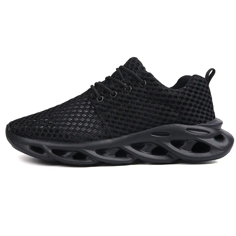 Men's hollow mesh breathable casual sneakers in beige, showing side view with lace-up closure and rubber sole.