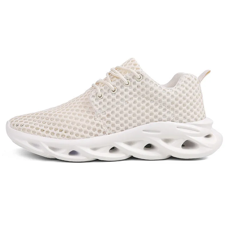 Men's hollow mesh breathable casual sneakers in beige, showing side view with lace-up closure and rubber sole.