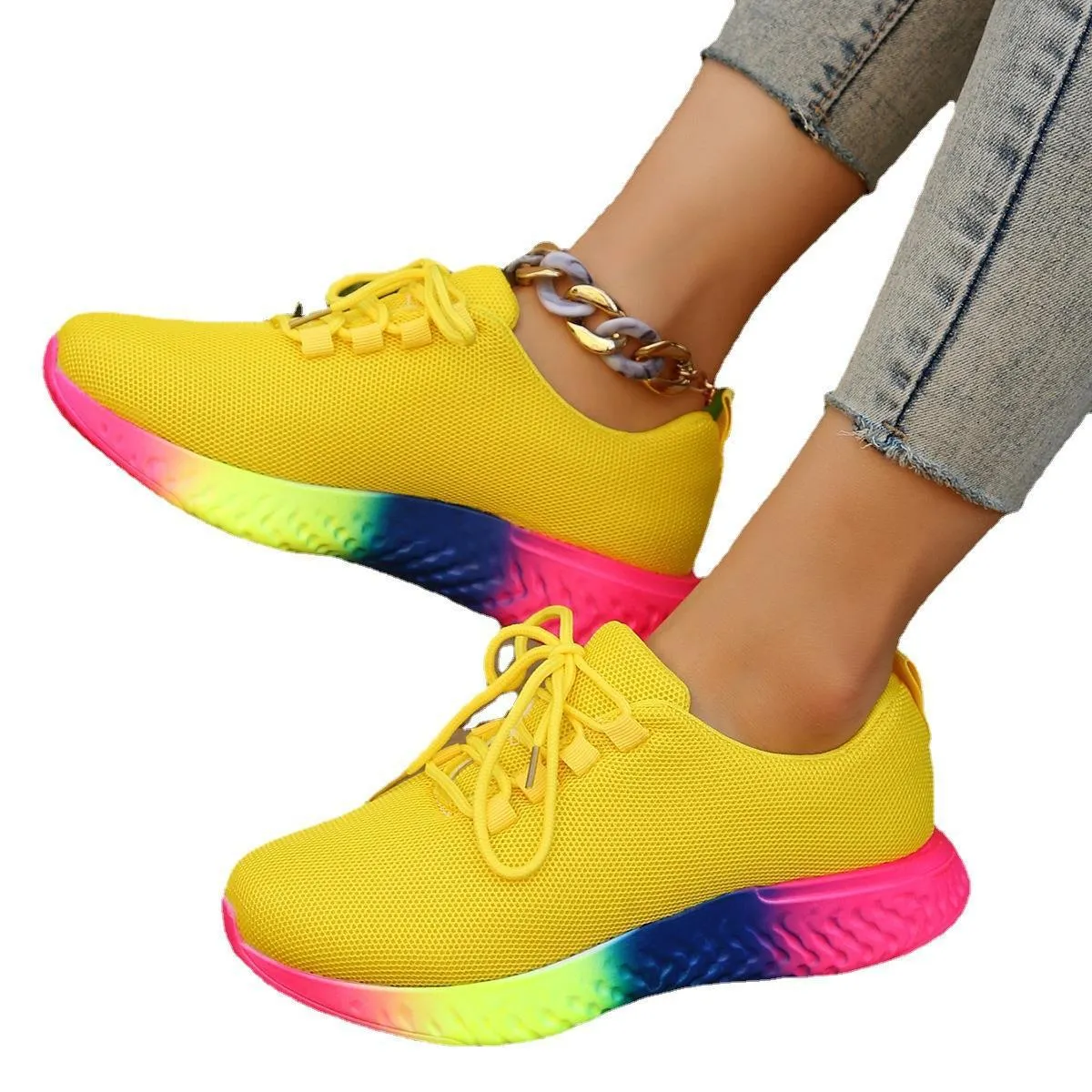 Women's plus size rainbow low stretch pumps in white with round toe flat heel and front lace-up closure