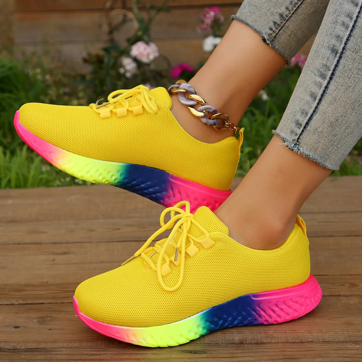 Women's plus size rainbow low stretch pumps in white with round toe flat heel and front lace-up closure