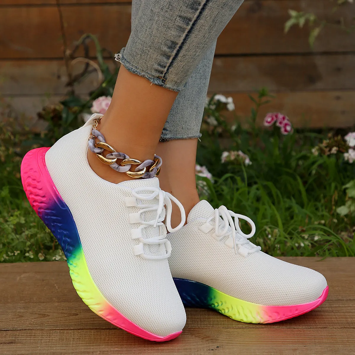 Women's plus size rainbow low stretch pumps in white with round toe flat heel and front lace-up closure