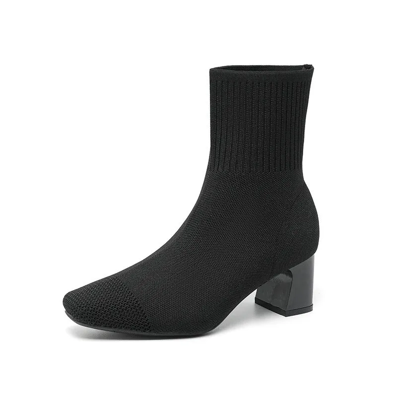 Women's chunky heel knitted sock boots in solid colour, mid-calf length with square toe and cotton lining