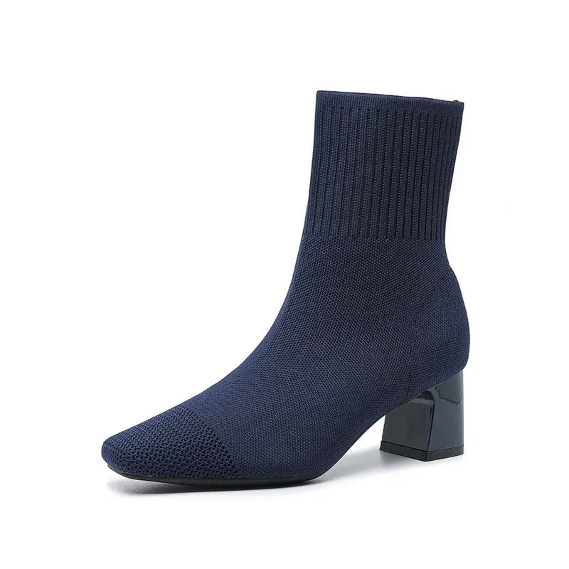 Women's chunky heel knitted sock boots in solid colour, mid-calf length with square toe and cotton lining