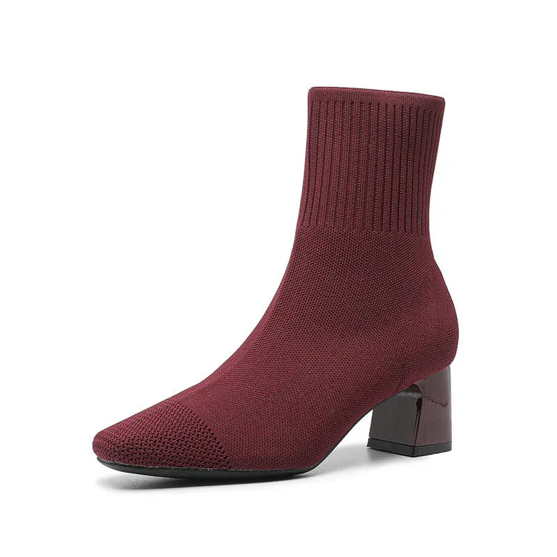 Women's chunky heel knitted sock boots in solid colour, mid-calf length with square toe and cotton lining