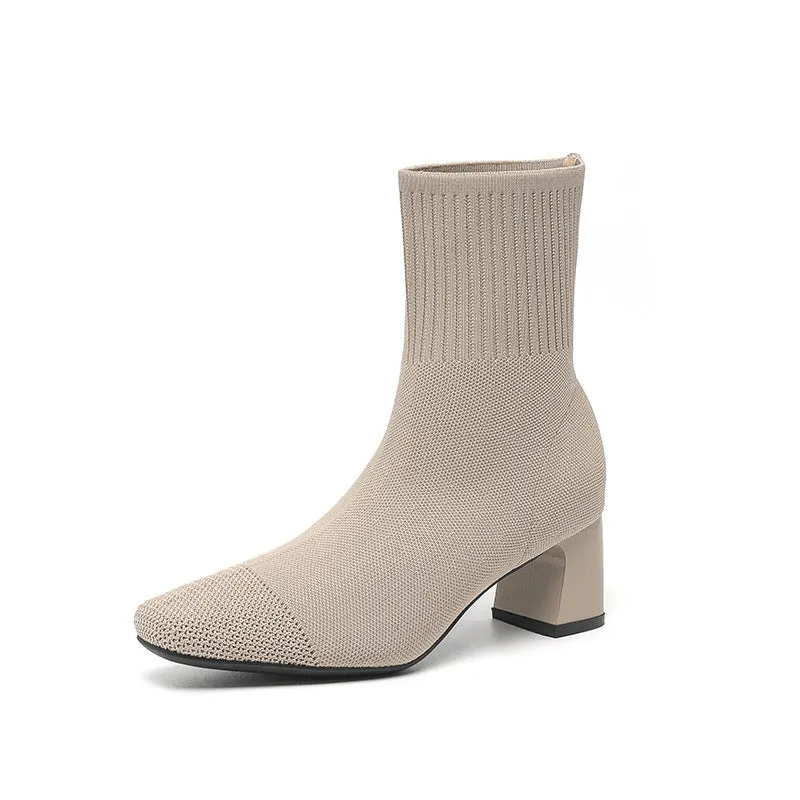 Women's chunky heel knitted sock boots in solid colour, mid-calf length with square toe and cotton lining