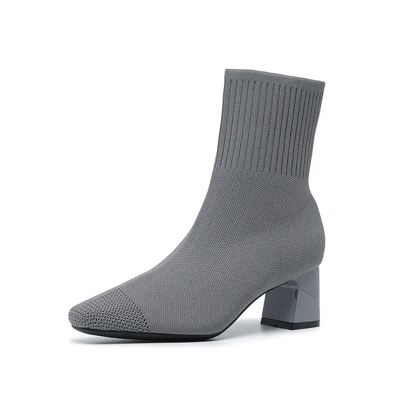 Women's chunky heel knitted sock boots in solid colour, mid-calf length with square toe and cotton lining