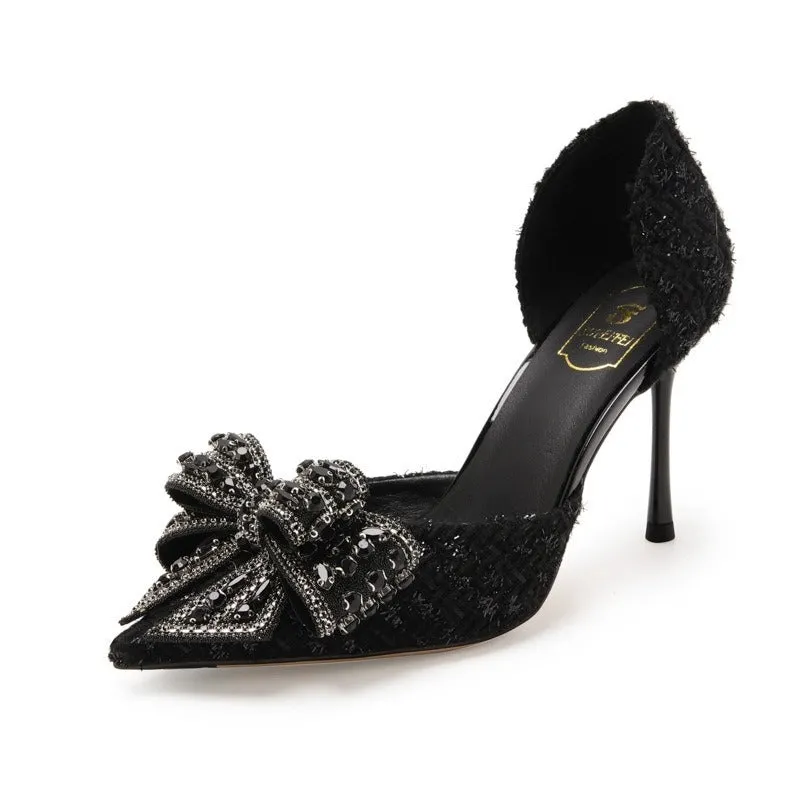 Women's solid colour PU stiletto high heel pumps in black with 8cm heel, side view