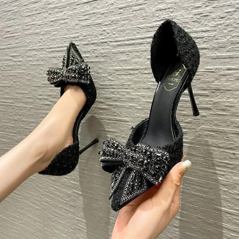 Women's solid colour PU stiletto high heel pumps in black with 8cm heel, side view