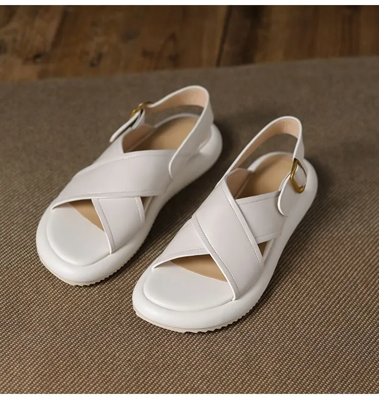 Women's flat non-slip cross Roman sandals in white with a microfiber upper and polyurethane sole