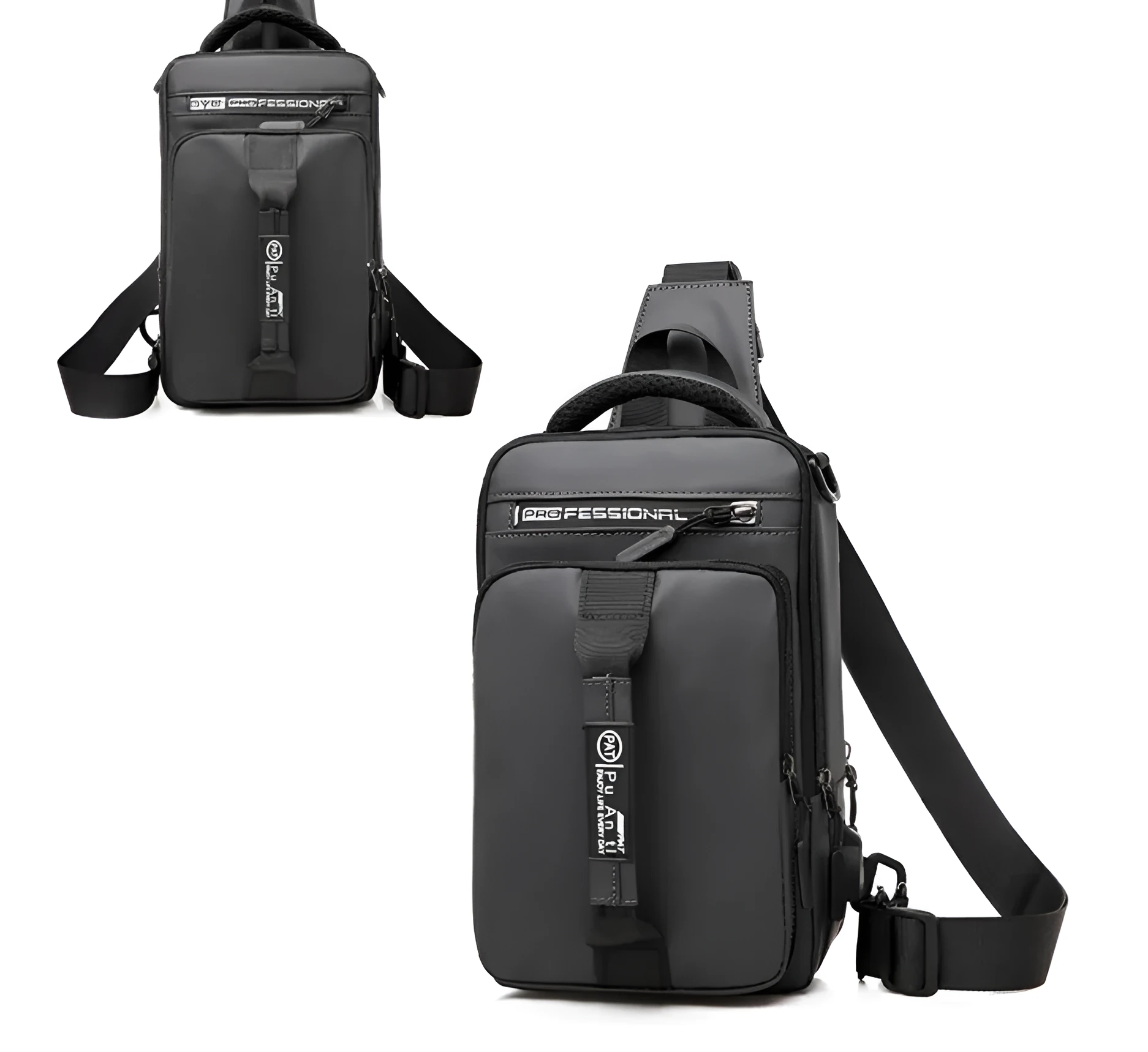 Casual outdoor chest bag in Oxford cloth, medium square vertical section, zipper closure, black colour, soft handle