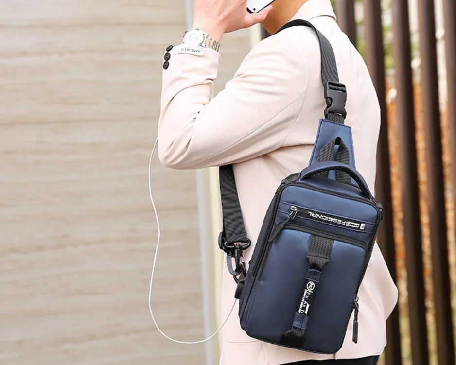 Casual outdoor chest bag in Oxford cloth, medium square vertical section, zipper closure, black colour, soft handle