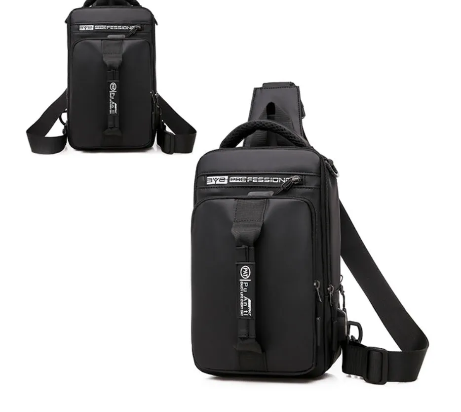 Casual outdoor chest bag in Oxford cloth, medium square vertical section, zipper closure, black colour, soft handle