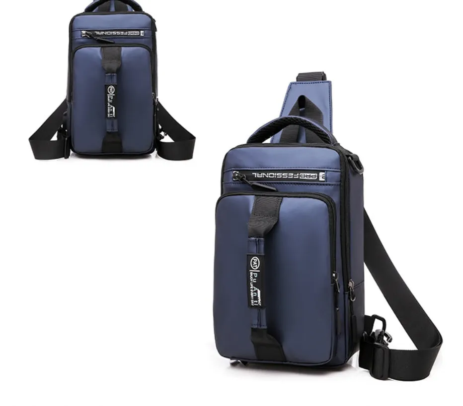 Casual outdoor chest bag in Oxford cloth, medium square vertical section, zipper closure, black colour, soft handle