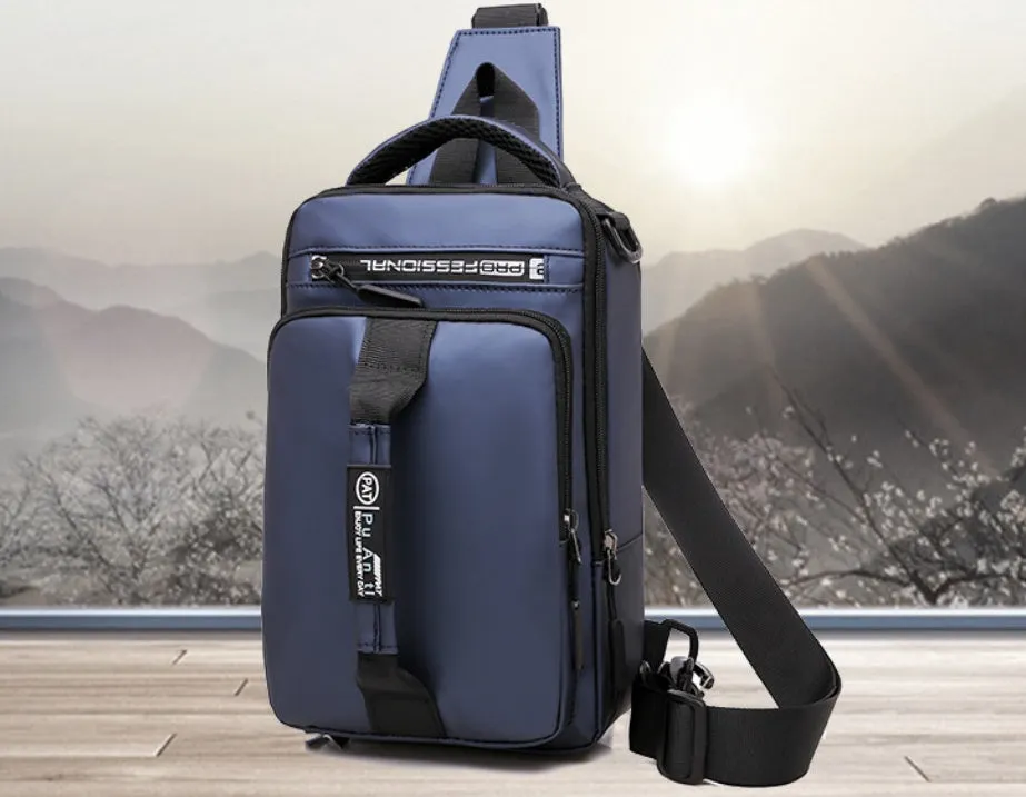 Casual outdoor chest bag in Oxford cloth, medium square vertical section, zipper closure, black colour, soft handle