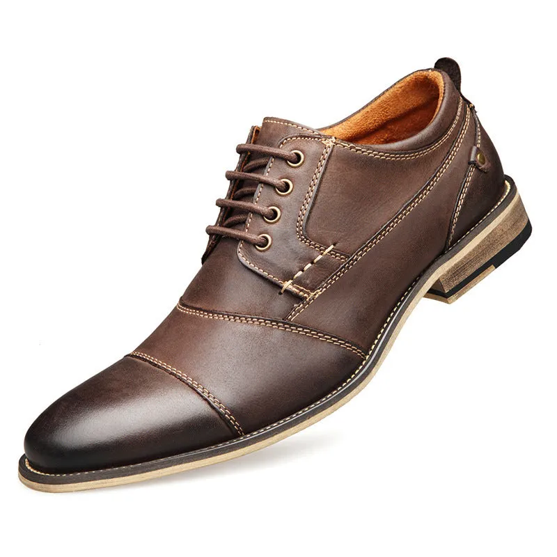 Men's leather lace-up casual shoes black cowhide upper rubber sole side view