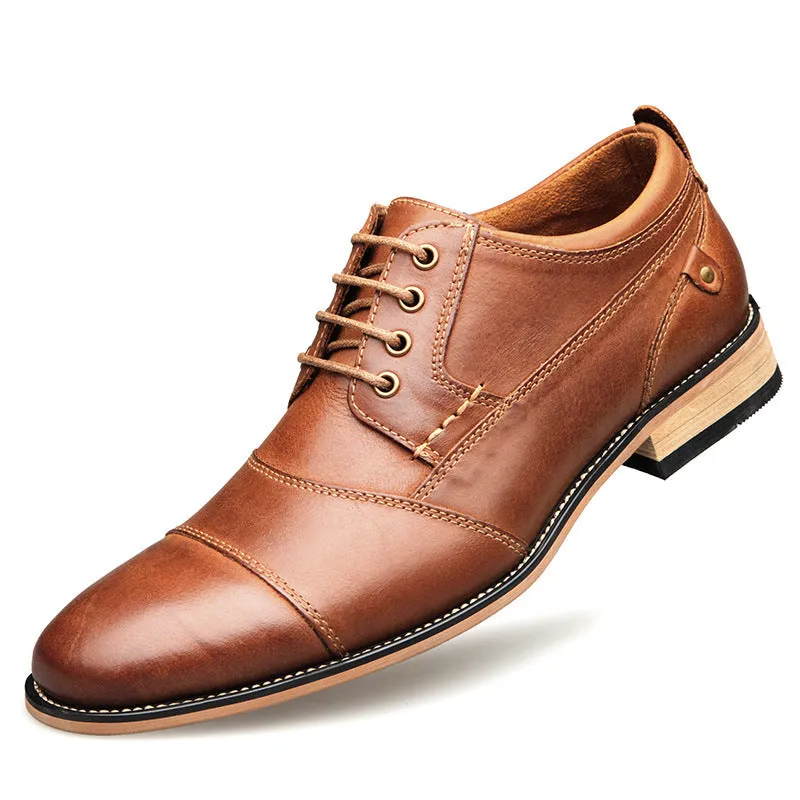 Men's leather lace-up casual shoes black cowhide upper rubber sole side view