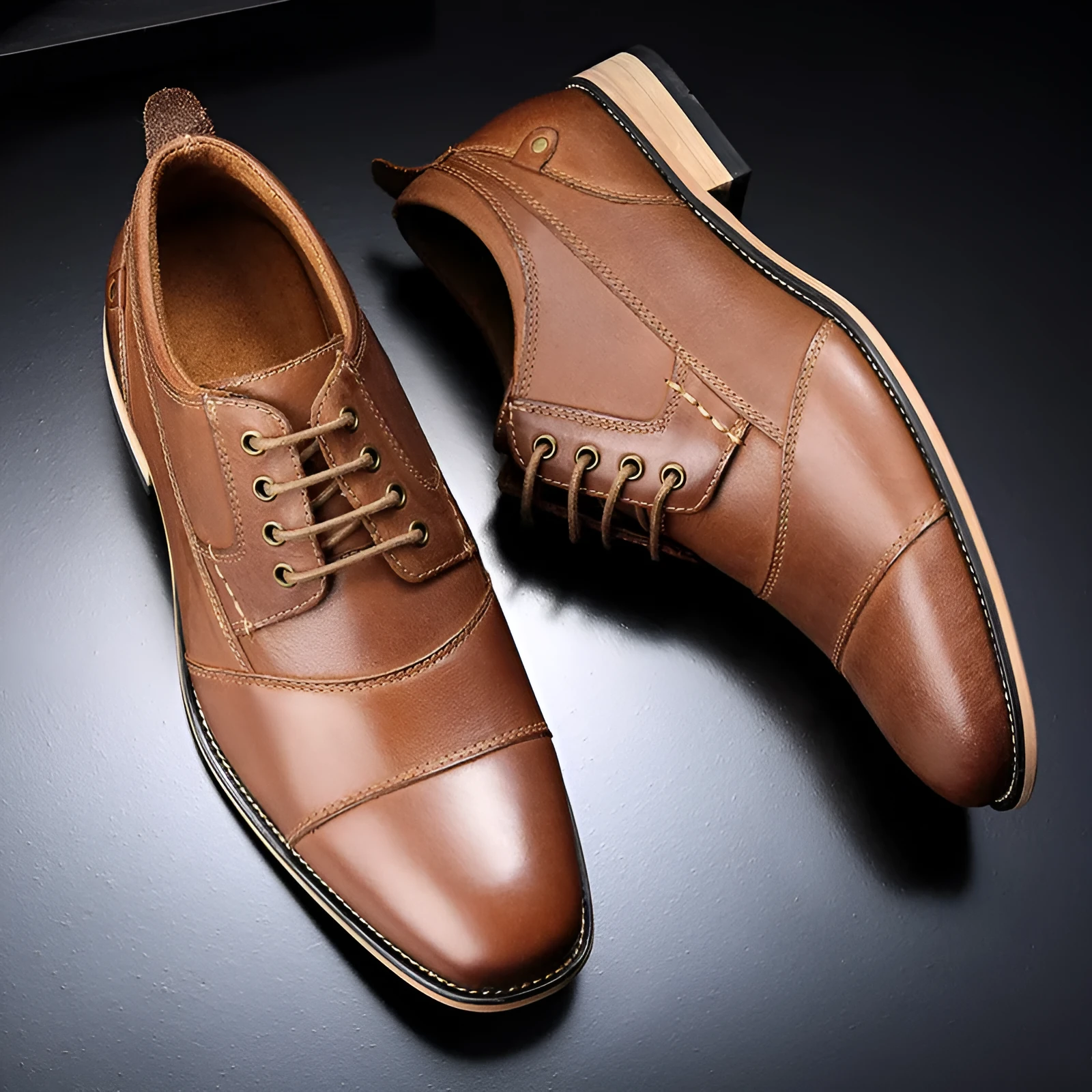 Men's leather lace-up casual shoes black cowhide upper rubber sole side view
