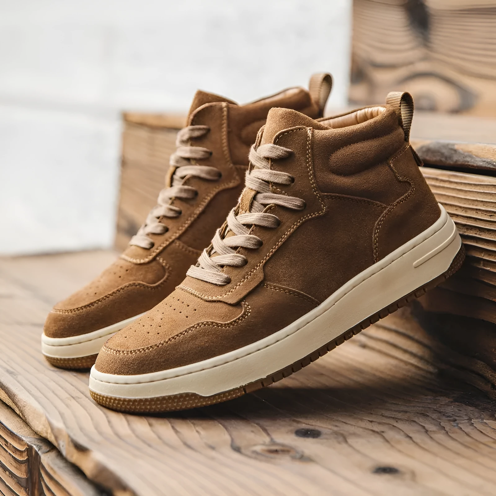 Men's retro workwear mid-top Martin boots in brown cowhide with lace-up closure and flat heel on neutral background