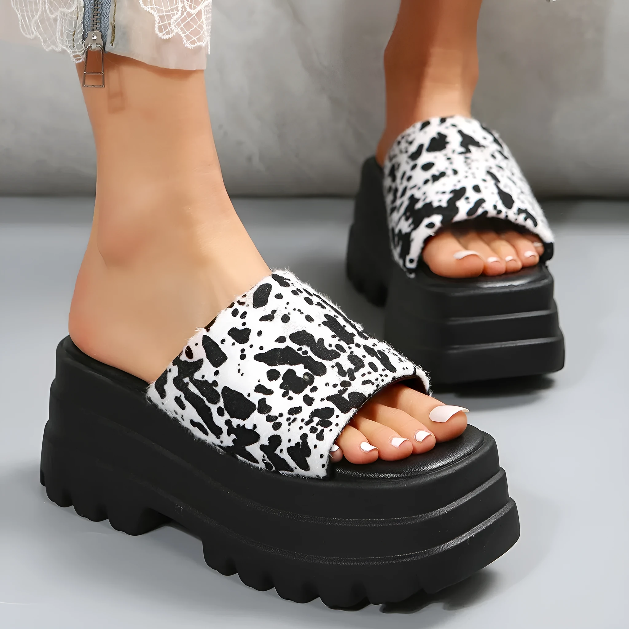 Cow print peep toe sandal with square toe and TPR sole in blue colour option