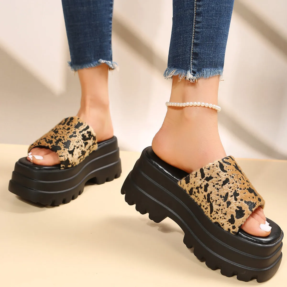 Cow print peep toe sandal with square toe and TPR sole in blue colour option