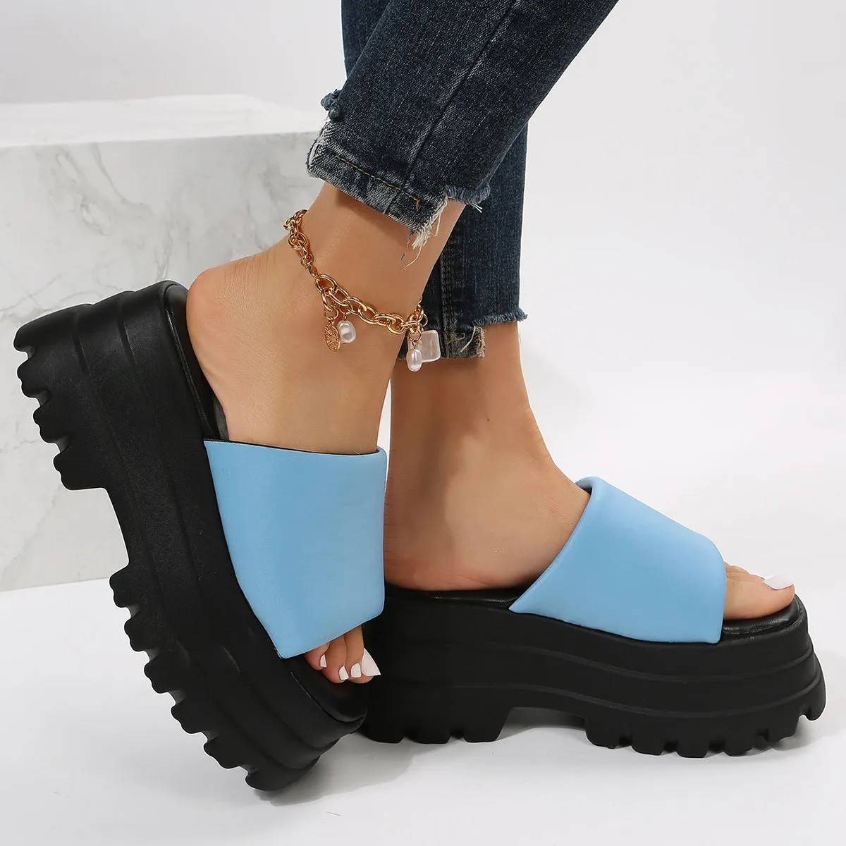 Cow print peep toe sandal with square toe and TPR sole in blue colour option