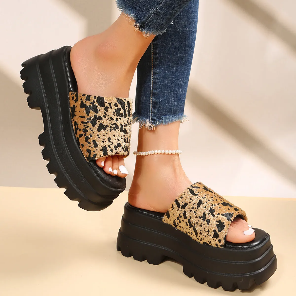 Cow print peep toe sandal with square toe and TPR sole in blue colour option