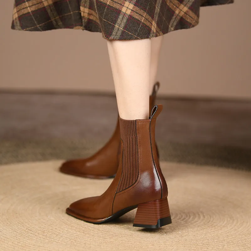 Women's square toe vintage French chunky heel knitted stretch ankle boots in brown with artificial PU upper
