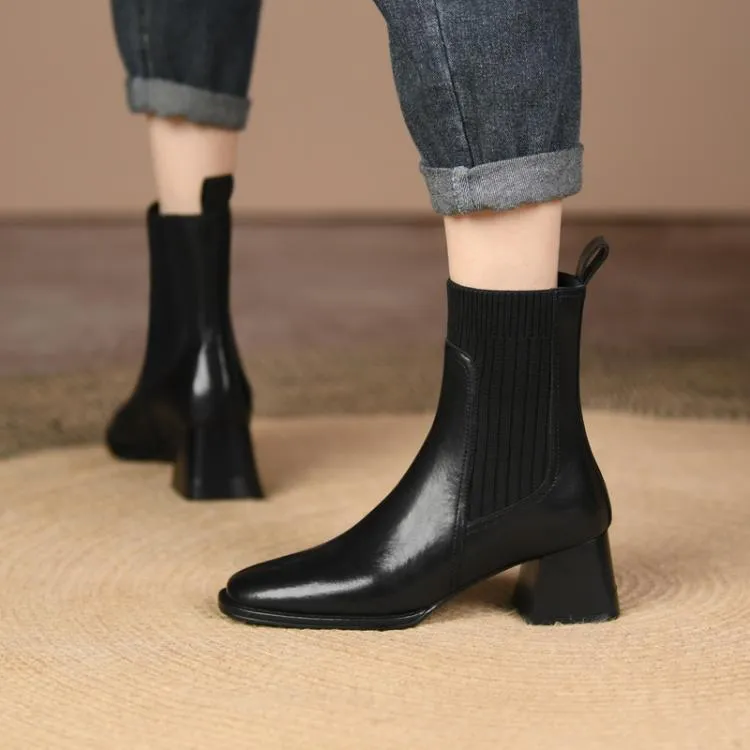 Women's square toe vintage French chunky heel knitted stretch ankle boots in brown with artificial PU upper