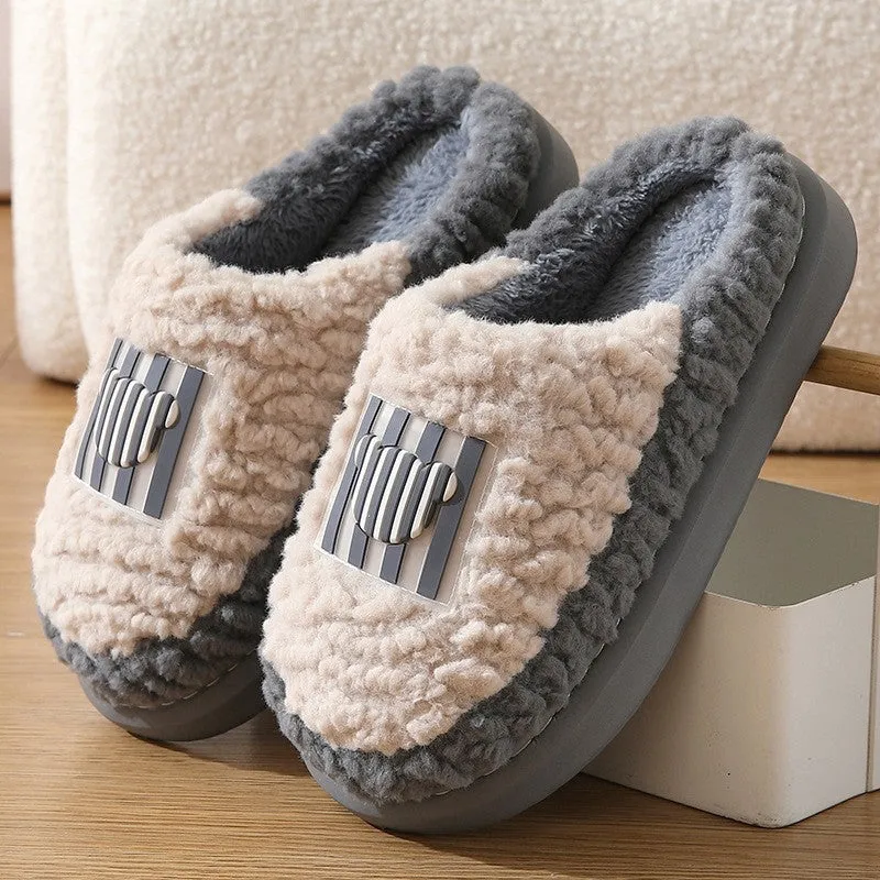Lamb wool non-slip indoor slippers for couples in winter, thick sole with car stitching