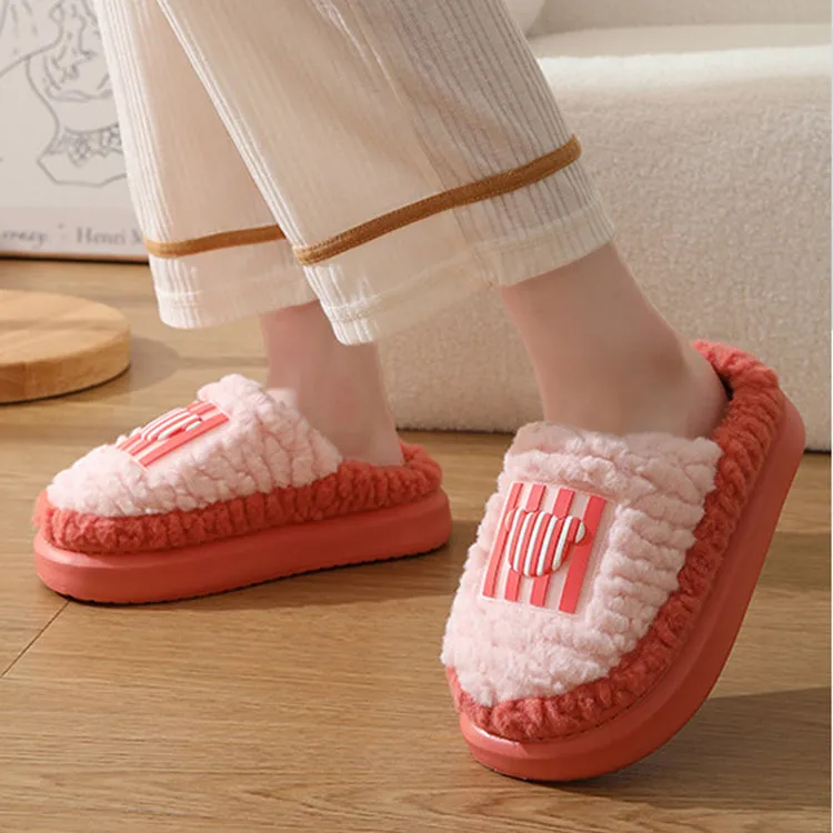 Lamb wool non-slip indoor slippers for couples in winter, thick sole with car stitching