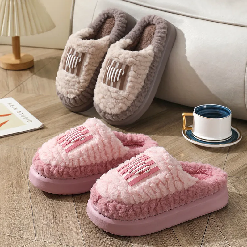 Lamb wool non-slip indoor slippers for couples in winter, thick sole with car stitching