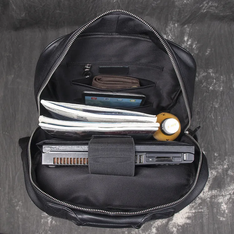 Men's leather handbag backpack in black first layer cowhide with multiple pockets and 30x12x42cm dimensions
