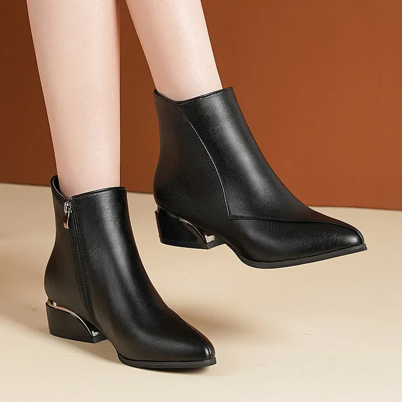 Women's chunky heel Martin boots in black with side zipper and leather stitching, mid heel 3-5CM, rubber sole