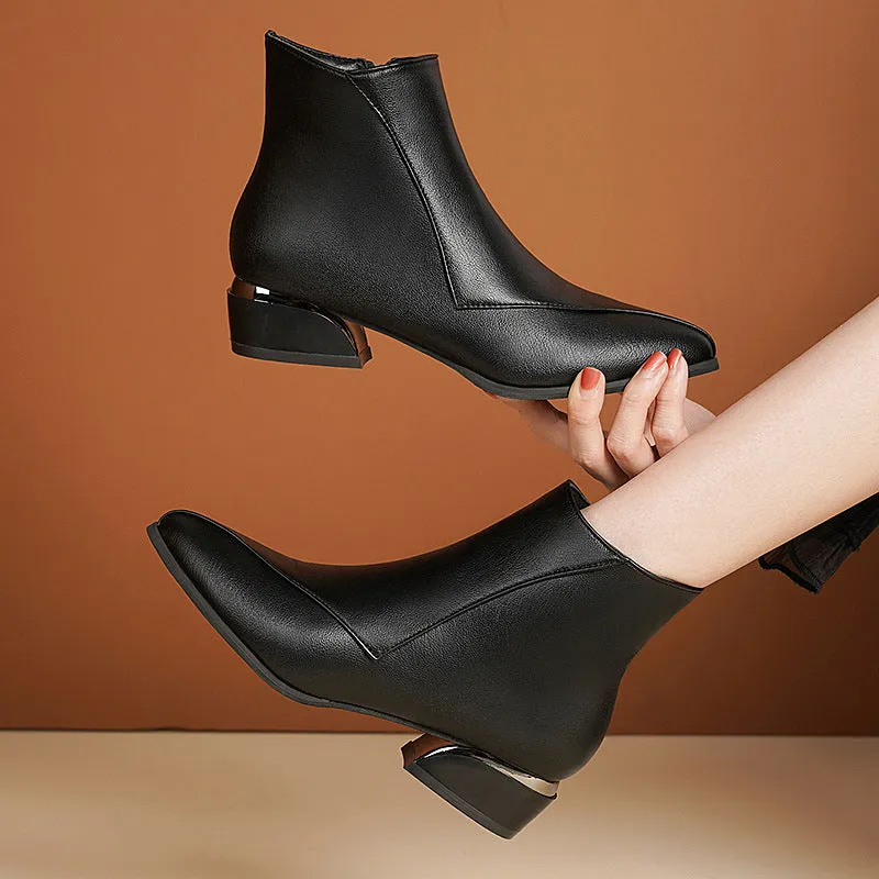 Women's chunky heel Martin boots in black with side zipper and leather stitching, mid heel 3-5CM, rubber sole