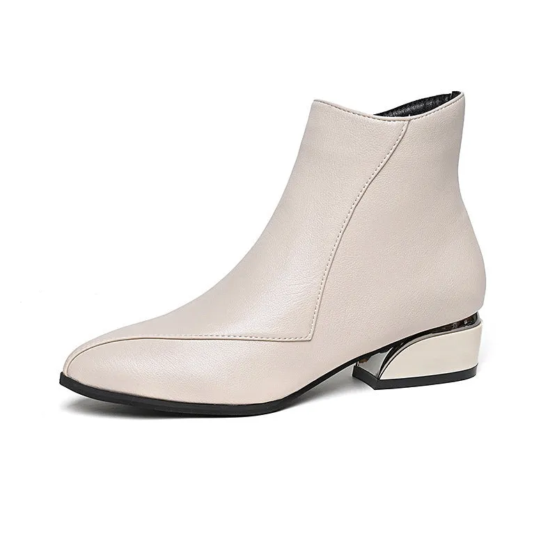 Women's chunky heel Martin boots in black with side zipper and leather stitching, mid heel 3-5CM, rubber sole